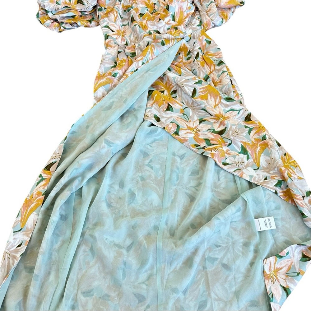 ASTR Floral Strapless Midi Dress Puff Sleeve Sweetheart Slit Yellow Green S - Picture 12 of 16